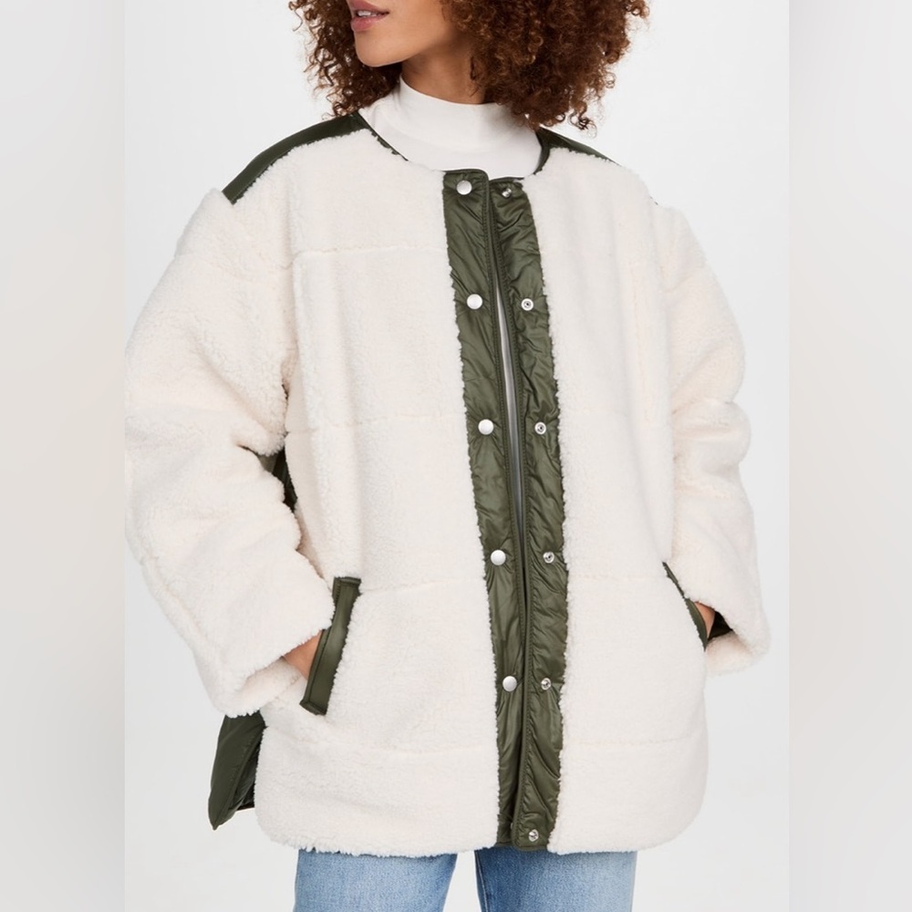 FRAME Oversized Army Liner faux Sherpa Teddy jacket snap M cream green